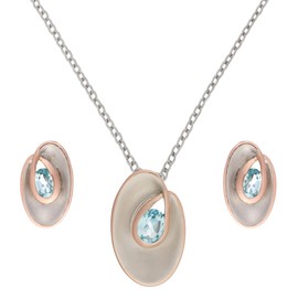 Silverly 14K Rose Gold-Plated 925 Sterling Silver Topaz Sky Blue Oval Earrings Necklace Set, 18"
