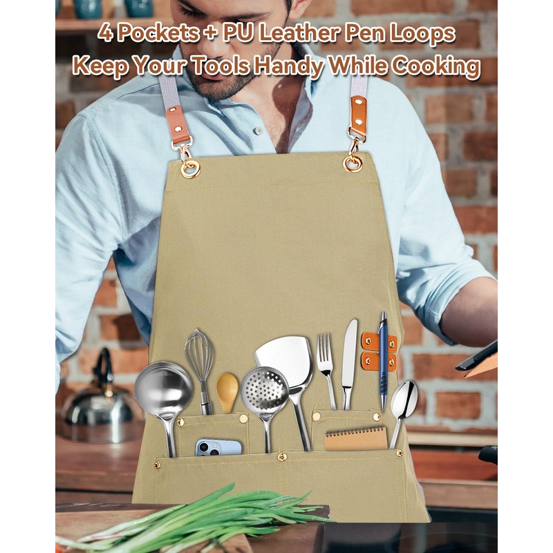 Teskyer Kitchen Cooking Apron with 4 Pockets, Water Oil Resistant,