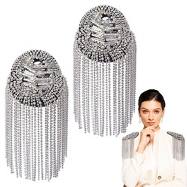 WEBEEDY Pack of 2 Shoulder Epaulettes with Tassel Crystal Rhinestone Shoulder Badge with Tassel Chain Punk Fringe Tassel Shoulder Epaulettes Silver Shoulder Board Women Men Suit Accessories
