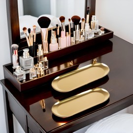 FGY 12" Bathroom Vanity Tray, 2 Pack Gold Bathroom Trays for Counter, Stainless Steel Decorative Tray, Metal Soap Dispenser Tray for Bathroom, Countertop Organizer Tray for Makeup, Perfume, Jewelry