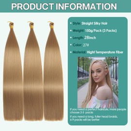 Locescsoc 28 Inch Straight Hair Extensions 150g 3 Packs Bone Straight Braiding Hair, Soft Synthetic Bundles Crochet Braids Hair Bundles for Braiding (27#, 28 Inch 3 Bundles)