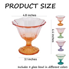 Glass Dessert Bowls 10 Oz Set of 4 Ice Cream Cups Footed Bowl Assorted Colors Clear Drinking Cup for Sundae, Dessert, Candy, Fruit, Ice Cream, Snack Pudding