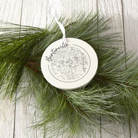 Minimalist B&W Arkansas Bentonville Circle Map, Joyride Home Decor, Ornament, 4 Inch Wooden, Round Ornament with White Ribbon, Christmas Decor, Gift Tag, Artist Designed.