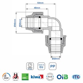 SmartProduct 20 mm PE Pipe Fitting Angle 90 Degree PN16 DVGW Drinking Water Certified - Clamp Connector for Indoor and Outdoor Installations - PP Coupling Compatible with PE80 PE100 Pipes (1)