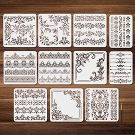 MAYJOYDIY 11Pcs Flower Border Stencil Set Vintage Corner Painting Stencils 11.8×11.8/11.7×8.3inch Reusable Mandala Drawing Template with Paint Brush for Craft on Window Wood Wall Home Decor