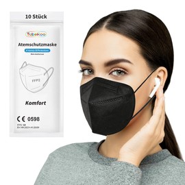 TubeRoo FFP2 Mask Black Pack of 10 Masks, Soft Round Ear Loop Bands, Respirator Mask, Mouth Guard, Dust Mask, Fine Dust, Fine Dust Mask, Dust Mask