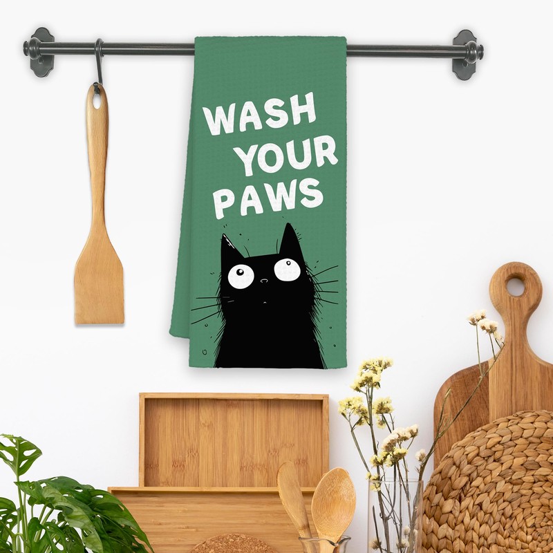 Xmsaitar Green Funny Black Cat Bathroom Kitchen Towels, Wash Your