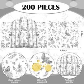 Feifeiya 200 Pcs Floral Wax Paper Sheets for Food Chinoiserie Bird Deli Paper Waterproof Sandwich Wrapping Greaseproof Food Basket Liners for Picnic Party Kitchen Supplies, 9.8 x 8.7inch(Black)