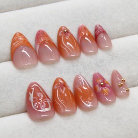 Jremg Flower Press on Nails Short Almond Fake Nails with Gold Pearl Design Orange French Tip False Nails 3D Gel Floral Glue on Nails Glossy Reusable Summer Stick on Nails for Women Manicure 24Pcs