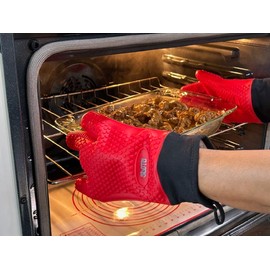 5Dots Silicone Oven Mitts - Heat Resistant Grilling Gloves, Premium Non-Slip BBQ Gloves with Protective Cotton Layer Inside, Waterproof, Great for Grilling, Baking and Cooking (Red)