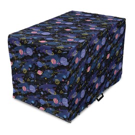 Ambesonne Galaxy Dog Crate Cover, Outer Space Planets Cosmic Journey Milky Way Zodiac Moon Doodle, Easy to Use Pet Kennel Cover for Cats & Medium Dogs, 24 Inch, Blue Pink
