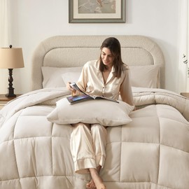 SunStyle Home Beige Full/Queen Comforter Set - 7 Pieces Bed in a Bag, Lightweight Goose Down Alternative Bedding Sets with All Season Comforter, 1 Flat Sheet, 1 Fitted Sheet, 4 Pillowcases