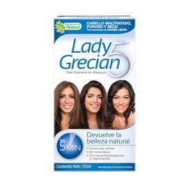 Grecian, Lady Grecian 5, Tinte Colorante en Shampoo, Cubre las Canas, Sin Amoniaco, para Cabello Maltratado, Poroso y Seco, Castaño a Negro, 120 ml