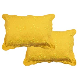 XSlive Solid Color 100% Cotton Quilted Pillow Shams Set of 2 Floral Embroidery Bed Pillow Shams Soft Pillow Covers Queen Size (Yellow,20"x28")