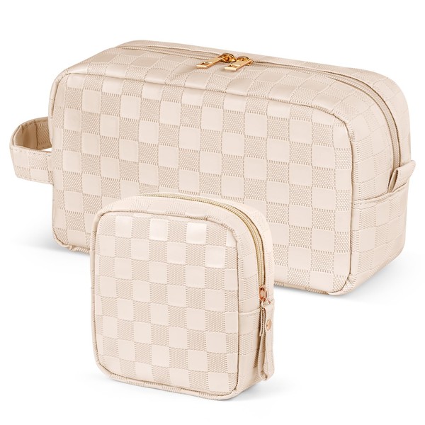 MAGEFY 2Pcs Makeup Bag, Cute Checkered Pouch with Handle, Leather