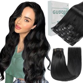 GUDOZO Clip-In Real Hair Extensions, 7 Pieces, 35 cm, Natural Black, Invisible Clip Extensions, Real Hair Black Clip Extensions, Skin Weft, 80 g, Hair Extension (14 Inches, 1B#)