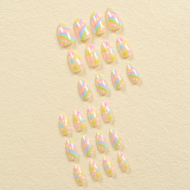 24Pcs Valentine’s Day Press on Nails Short Almond Fake Nails Rainbow Stripes Press on Nails Glossy False Nails with Colorful Heart Stars Designs Cute Artificial Nails for Women Stick Glue on Nails Tip