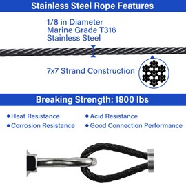 VELOTS 1/8" Wire Rope Cable Railing Kit, 660FT T316 Stainless Steel Cable, Black Marine Deck Railing for Fence Balustrade Outdoor