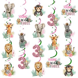 JOYMEMO 24Pcs Young Wild and Three Birthday Hanging Swirl Decorations, Double Sided Wild 3rd Birthday Swirls Ceiling Streamers for Girls, Pink Jungle Safari Animal Theme Party Supplies