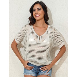 Hilor Women Swim Cover Ups Crochet Short Sleeve Sweater V Neck Hollow Out Beach Coverup Knit Top Beige L