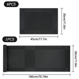 Homcomodar Table Place Mat Set of 6 with 180cm Table Runner Heat Resistant Placemats Set Washable Table Mat(Black)