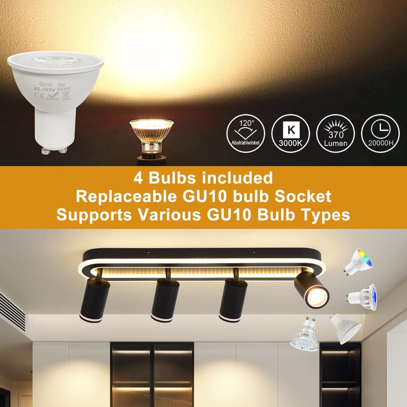 LED 4 Light Track Lighting Spotlight Kit, Black Ceiling Spotlights,