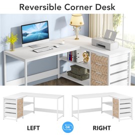 LITTLE TREE 59-Inch L Shaped Desk with Drawers, Large Computer Desk with Storage Shelves, Reversible L-Shaped Corner Desk Workstation for Home Office