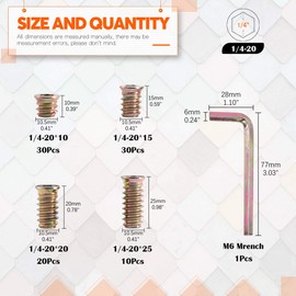 Rustark 90 pcs 1/4" 4 Sizes Carbon Steel Hex Socket Threaded Insert Nuts Assortment Kit Zinc Plated Screw-in InsertsNut Bolt Fastener Connector for Wood Furniture