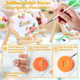 4 sellos de pastel del alfabeto con cepillos para galletas de fondant, bonita escritura a mano, sello de letras de fondant de grado alimenticio, mayúsculas, números en minúsculas, palabras