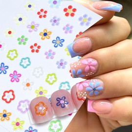 6PCS Flowers Nail Stickers for Nail Art -3D Colorful Daisy Flower Nail Sticker Floral Nail Decal Self-Adhesive Hibiscus Flower Star Heart Sticker for Nails Supplies French Nail Sticker Manicure Decor