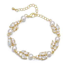 EVER FAITH Faux Pearl Wedding Jewelry for Bride Bridesmaid, Gorgeous Cubic Zirconia Gold Plated Simulated Bridal Link Chain Bracelet for Women