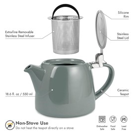 ORNA Ceramic Teapot with Tea Infuser – Small Tea Pot for Loose Leaf Tea – 550ml / 18.6 Oz Porcelain Non-Stove Teapot for 2 Cups with Tea Strainer (Grey)