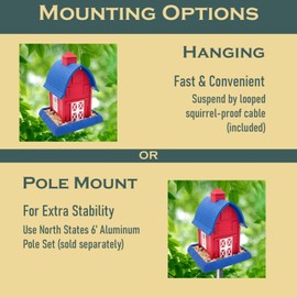 North States Village Collection Americana Barn Birdfeeder: Easy Fill and Clean. Hanging or Pole Mount. Made in USA. 5 Pound Seed Capacity (10.25" x 13" x 9.5”, Red & Blue)