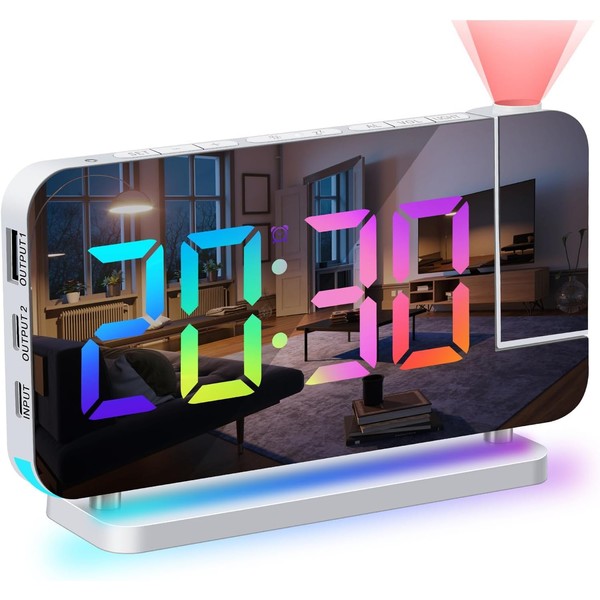 Mystarry Projection Alarm Clock - 11 RGB Digital & 10 RGB Light, 5 Level Adjustable Brightness Alarm Clocks for Bedrooms, 180° Desk Projector Clock on Bedroom Ceiling with USB Ports, 7.4”