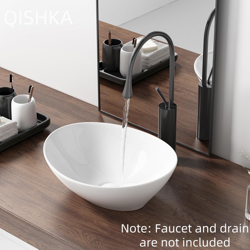 Oval Bathroom Vessel Sink Above Counter, QISHKA 16" x 13"