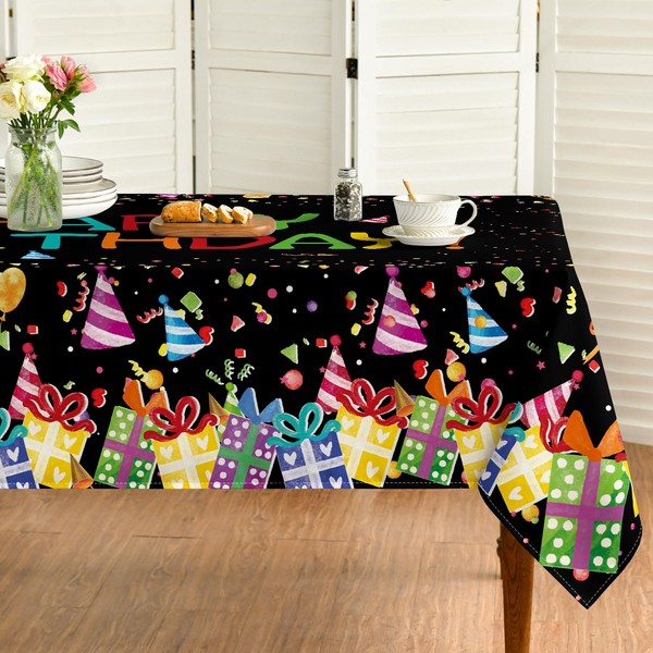 Horaldaily Birthday Tablecloth 60x84 Inch Rectangular, Happy Birthday Ballon Black