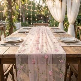 Boho Sheer Table Runner , Pink Tulle Table Runner with 3D Floral Embroidery, Romantic Blush Gauze Table Cloth for Wedding Bridal Shower Valentine's Day Decor 30 x 120 Inches