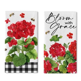 Uruney Spring Summer Geranium Flower Kitchen Dish Towels Set of 2, Red Flower Bloom with Grace Drying Hand Towels Baking Cooking Cloth, Floral Bee Plaid Farmhouse Home Kitchen Decoration 18x26 Inches