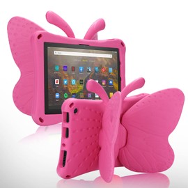 JGY Fire HD 8 Kids Tablet Case (10th Gen 2020-2022) - Pretty Butterfly EVA Foam Full Cover With Stand and Pencil Holder for Girls - Rugged Rose Case for Fire HD 8 Plus
