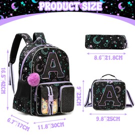 HTgroce Backpacks for Girls School Bag Kids Black Bookbag for Elementary Students Kids Backpack with Lunch Box and Pencil Case