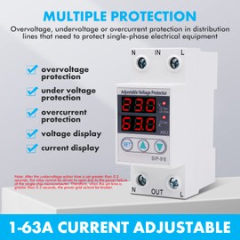 Ailao Surge Protection 63A Adjustable Voltage Protection Intelligent Single-Phase Adjustable Surge Under Voltage Current Protection for Household Appliances Home Protection 230 V
