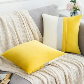 Set of 2 Cushion Covers 16 x 16 for Couch Sofa Bed, Soft Velvet Square Decorative Accents Yellow Gold Leather Striped Throw Pillow Case for Living Room Bedroom or Farmhouse Home Decor, 40 x 40cm