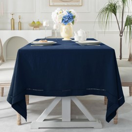 L Linen World Hemstitch Linen Tablecloth, French Linen Navy Tablecloth 90" x 60" Inch, Washable Rectangular Table Cloth for Dining, Outdoor, Weddings and Restaurants, Decorative Valentine Easter