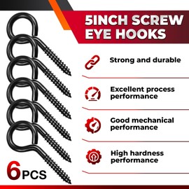 PAMAZY 5Inch Heavy Duty Black Screw Eyes Hook, 6PCS Self Tapping Eyelet Screw Eye Bolts, Screw in Eye Hooks for Wood Securing Cables Wire, Hammock Stand, Indoor & Outdoor Use