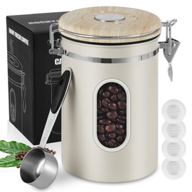 1800ML Airtight Coffee Canister with Date Tracker&Transparent Window, 22.8OZ Coffe Beans Storage with 30ML Measure Spoon&4 co2 Valve, Coffee Container for Grounds Coffee, Beans, Tea, Sugar(Beige)
