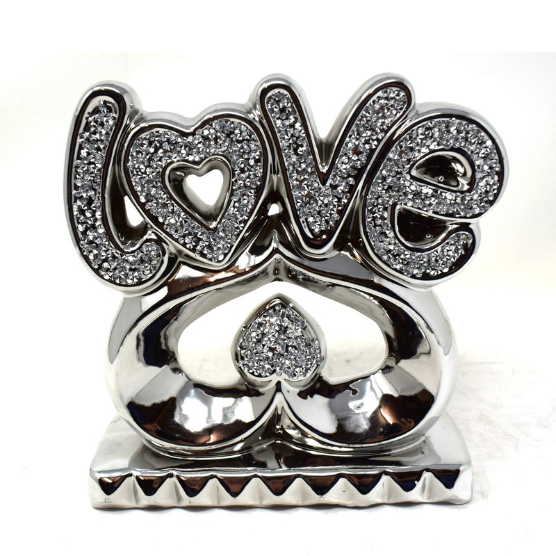 Silver Crushed Diamonds Love Sign on Heart Sparkle Ornaments |