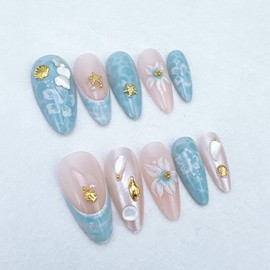 24Pcs French Tip Press on Nails Medium Almond Nails Starfish Fake Nails with 3D Flower Designs Conch Seashell Glue on Nails Summer Beach Acrylic Nails Blue Ocean False Nails Stick on Nails for Women