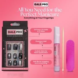 GALSPRO Short Press on Nails - Set of 24 Fake Nails with Designs in 12 Different Sizes for Perfect Fit, Cute False Nails Kit for Women with 0.07oz Nail Glue (MIDNIGHT STAR SQUARE SHAPE, Short)