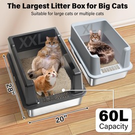 Nyutu XXXL Stainless Steel Litter Box with Lid, Jumbo 28"x20"x14" Metal Litter Box with High Sides, Cat Litterbox Extra Large for Big Kitty, Multiple Cats, Never Absorbs Odors, Non-Stick