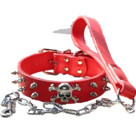 Haoyueer Spiked Studded 1.2" Wide Leather Dog Collar Chain Leash Combo Set for Medium Large Pitbull Husky Mastiff Terrier(Red,M)